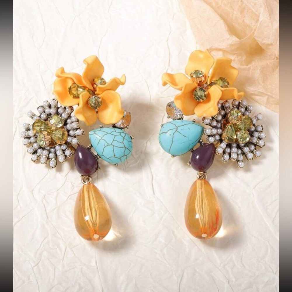 Vibrant Statement Floral Yellow Drop Earrings with Beaded Details